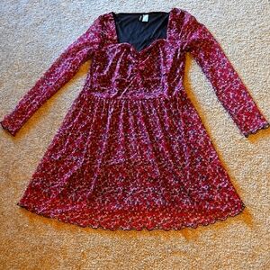 H&M Divided Red Maroon Floral Frilly Dress W/ Black Slip Frabric Size Large
